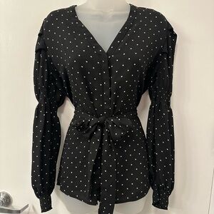 Zara Black & White Polka Dot Tie Waist Blouse - Size M